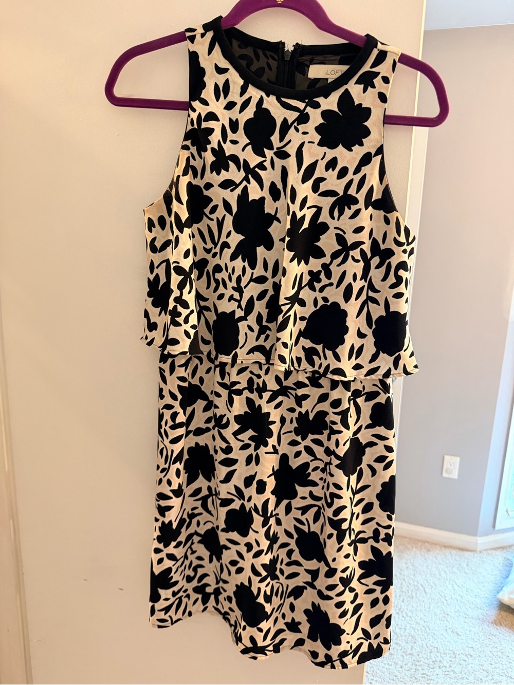 LOFT Cream and Black Floral Sleeveless Mini Dress